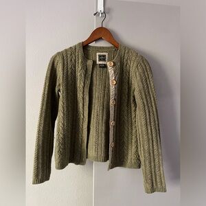 Eddie Bauer Lamb’s Wool Crew Cable Cardigan in olive green
